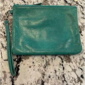 Vintage 80s 90s Turquoise Teal Leather Wristlet Clutch Bag Canada Festival Artsy
